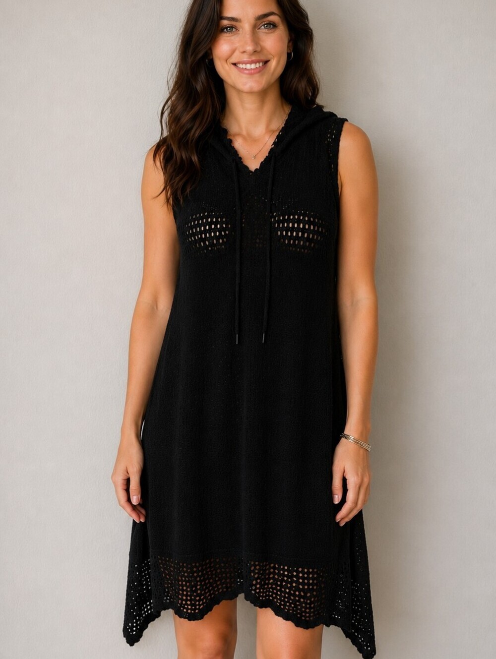 Vtg SJS Black Sleeveless Hooded Open Crochet Mesh Swim Cover-up Kimono